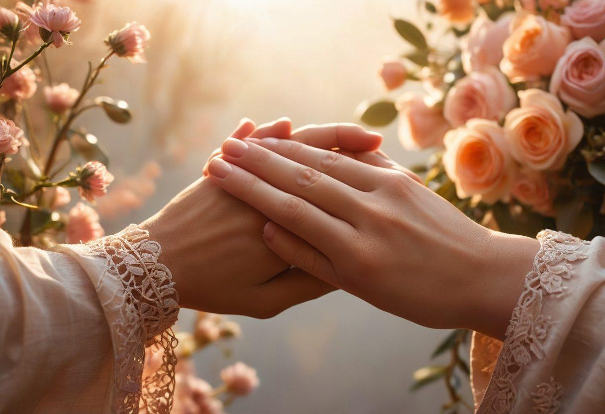 A close-up of two hands intertwined, symbolizing connection and intimacy, surrounded by soft, warm colors. In the background, faint silhouettes of a couple sharing a tender moment, highlighting devotion and fondness. Floral accents to represent growth in relationships, with gentle light illuminating the scene. super-realistic. warm tones. soft focus.
