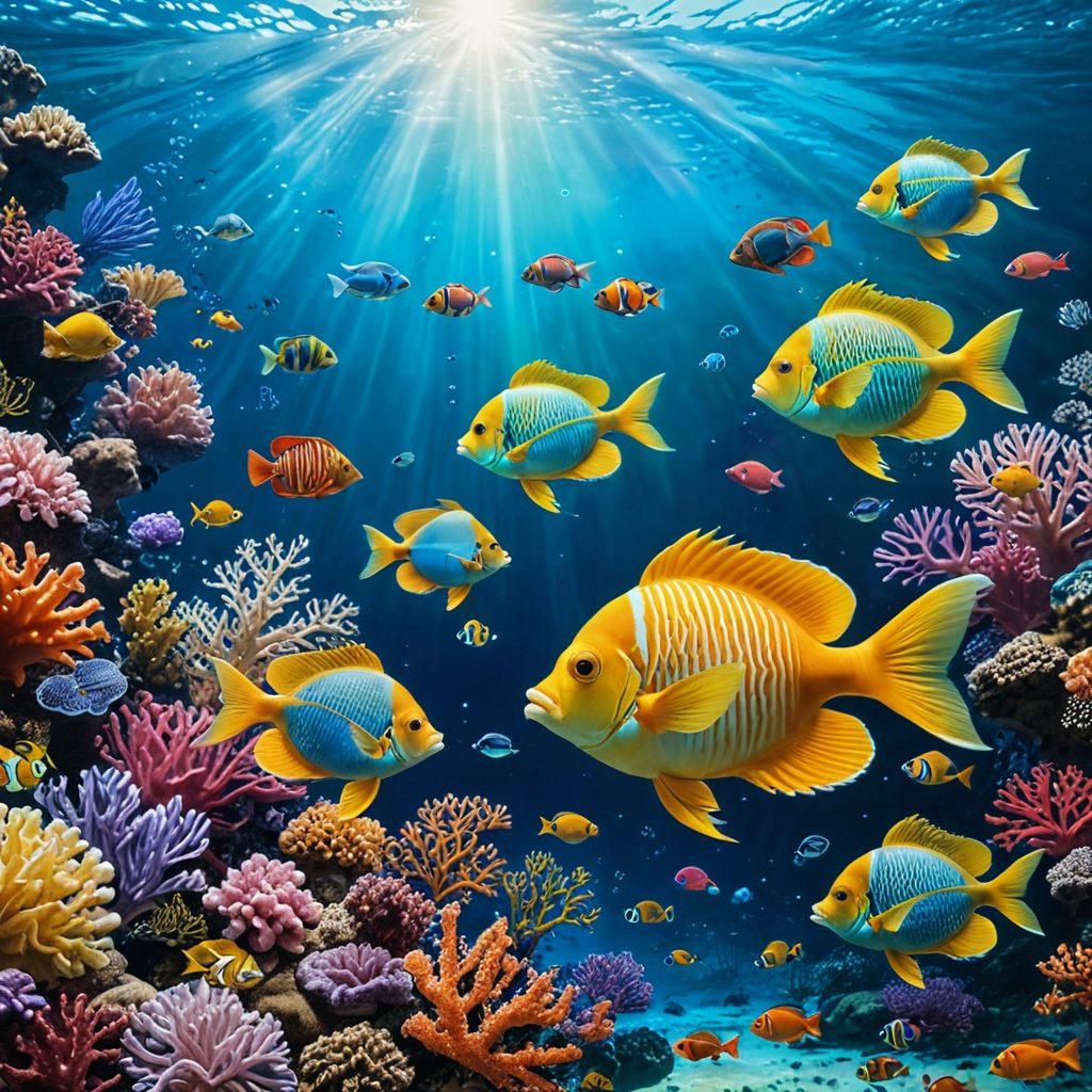 A serene underwater scene depicting a diverse group of fish symbolizing affectionate relationships, surrounded by vibrant coral reefs, soft sunlight filtering through the water's surface, evoking a sense of warmth and unity. Incorporate heart-shaped bubbles rising to the surface, signifying deep devotion. super-realistic. vibrant colors. 3D.