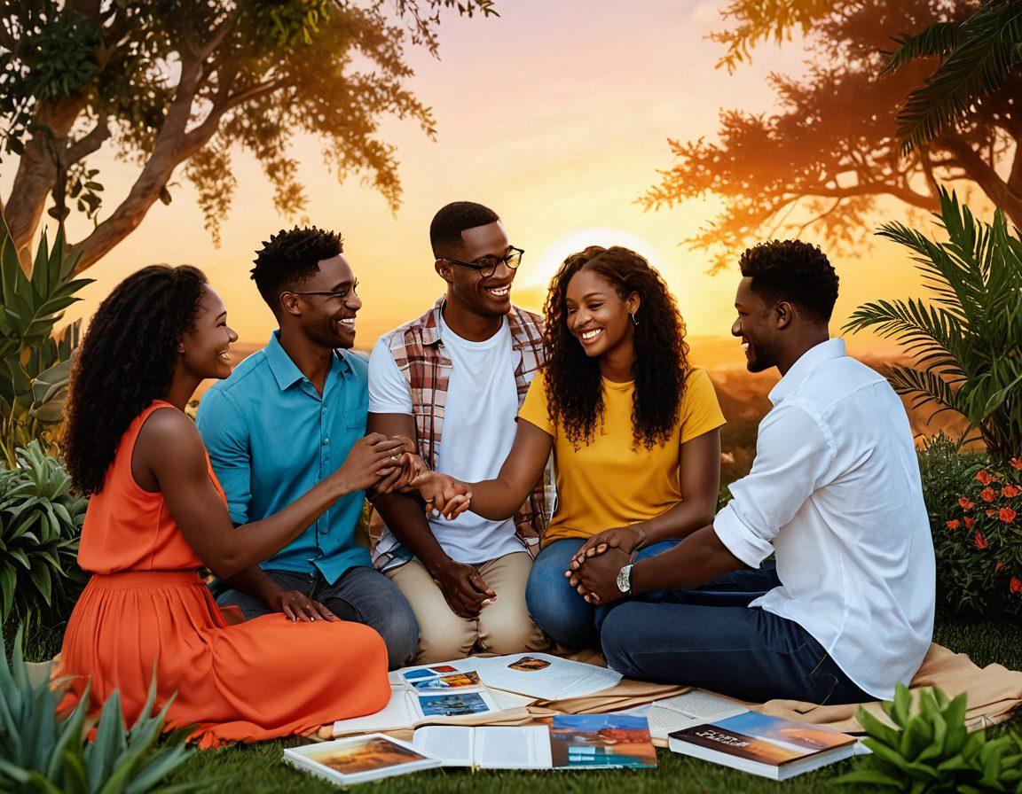 A diverse group of couples engaged in various activities symbolizing love and unity, like holding hands, sharing a laugh, and collaborating on a project together. The background features a warm sunset, symbolizing hope and the promise of a bright future. Include elements such as hearts intertwined with tools and resources like books, plants, and art supplies scattered around, representing growth and nurturing of relationships. The scene is infused with vibrant colors to evoke warmth and affection. super-realistic. vibrant colors. warm atmosphere.
